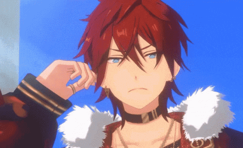 a red haired anime character with blue eyes and a fur collar