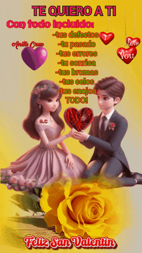 a picture of a man kneeling down giving a heart to a woman with the words te quiero a ti on it