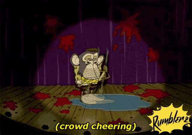 a cartoon of spongebob holding a mop with the words crowd cheering below him
