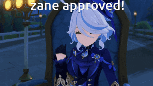a video game character is sitting in a chair with the words zane approved above her