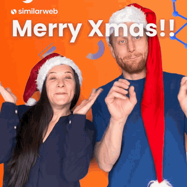 a man and a woman wearing santa hats with the words merry xmas on the bottom