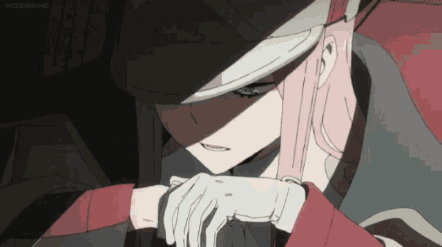 a girl with pink hair is wearing a white hat