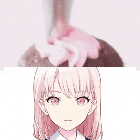 a girl with pink hair is next to a pink frosting