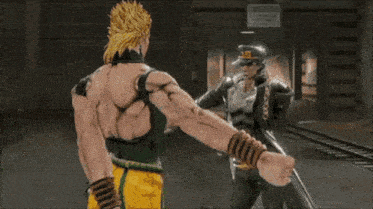 dio and jotaro are fighting in a video game while standing next to each other on a train track .