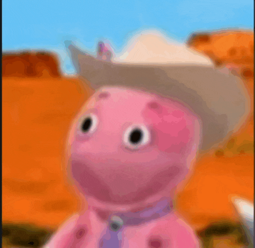 a pink cartoon character is wearing a cowboy hat and tie .