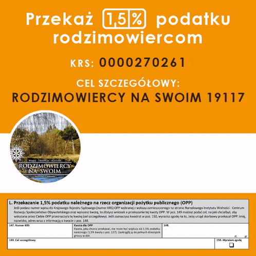 a poster that says przekaz 1.5 % podatku rodzinowercom