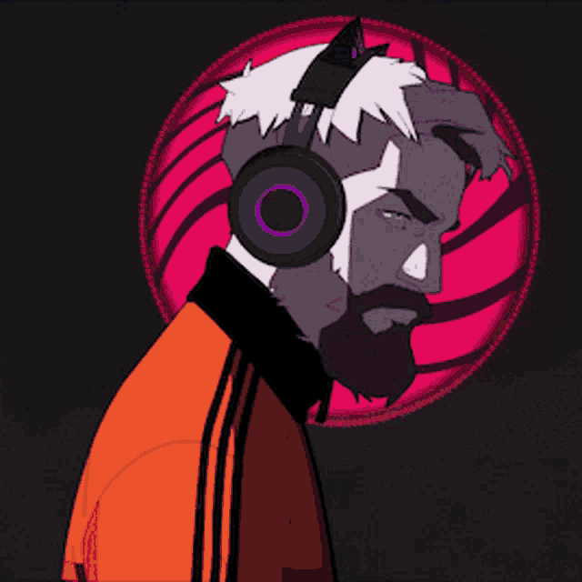 a cartoon of a man wearing headphones in front of a pink circle