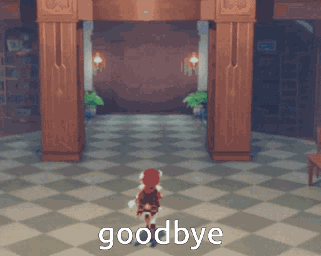 a video game character says goodbye in front of a door