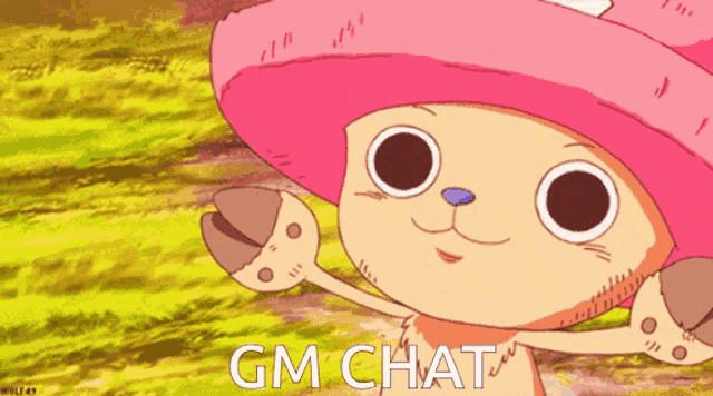 a cartoon character with the words gm chat written on the bottom