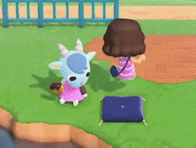 a girl is sitting next to a goat in a video game