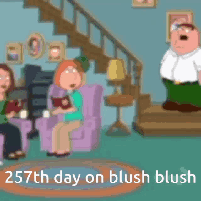 a cartoon scene with the words 257th day on blush blush at the top