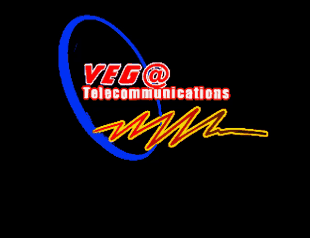 a logo for veg @ telecommunications with an orange circle on a black background