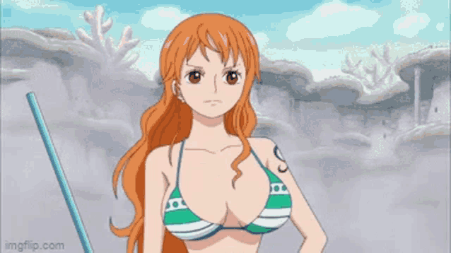 nami from one piece is wearing a bikini top and holding a stick .