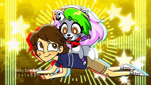 a cartoon drawing of a boy and a wolf with the words rocky rocket on the bottom right