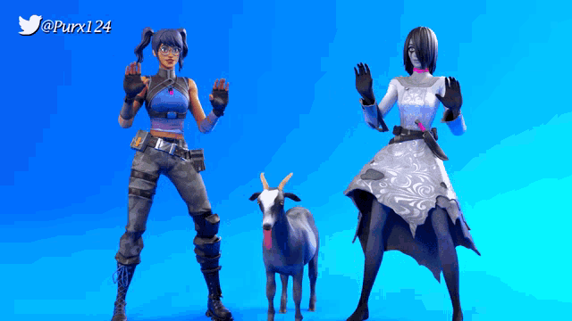 two female video game characters standing next to a goat with the twitter username purx124
