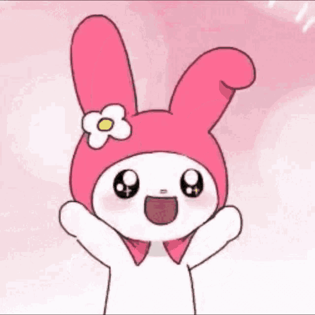 a cartoon of a pink bunny with a flower on its head and a flower on its head .