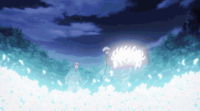 two anime characters are standing in a field of flowers