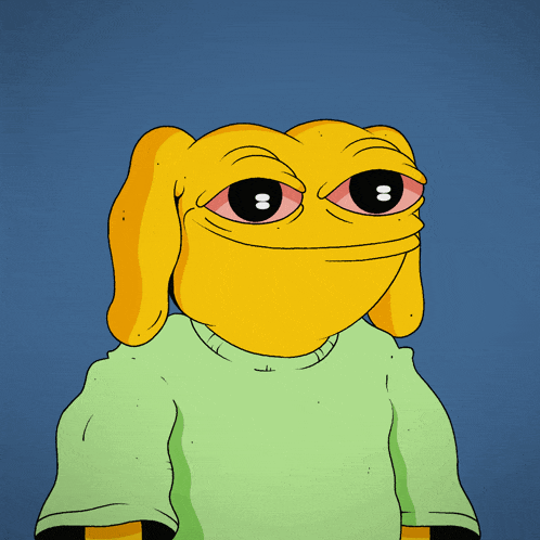 a yellow cartoon character wearing a green sweater with a blue background