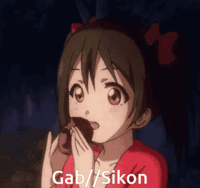 a girl in a red shirt is eating a donut with the words gab / sikon written on the bottom