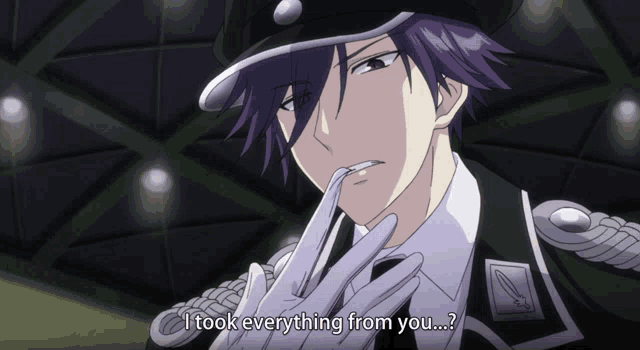 a man with purple hair and white gloves is saying i took everything from you