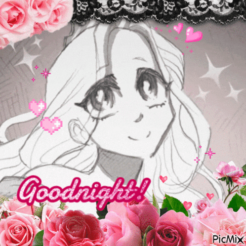 a black and white drawing of a girl with the words goodnight on it