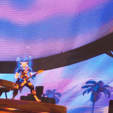 a cartoon of a wolf playing a guitar in front of a palm tree