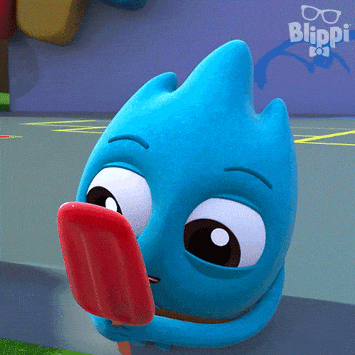 a blue cartoon character eating a red popsicle with the word blippi on the bottom