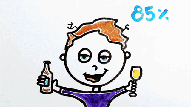 a drawing of a boy holding a bottle of soda with 85 % written above him