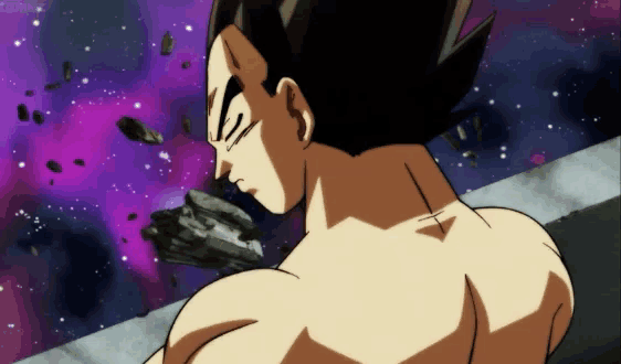 a cartoon character without a shirt is standing in front of a purple sky