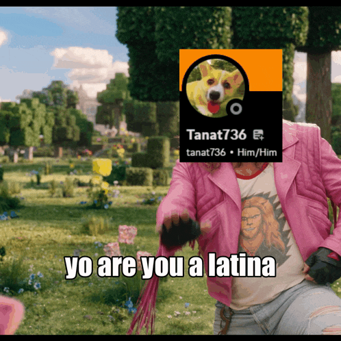 a woman in a pink jacket has a picture of a dog on her head and the words yo are you a latina