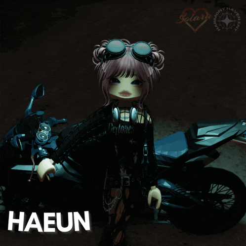 a girl wearing goggles is sitting on a motorcycle with the word jia on the side