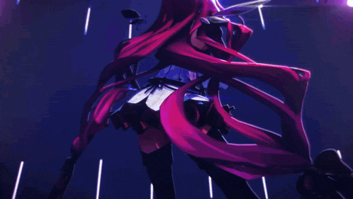 a girl with long red hair holding a sword
