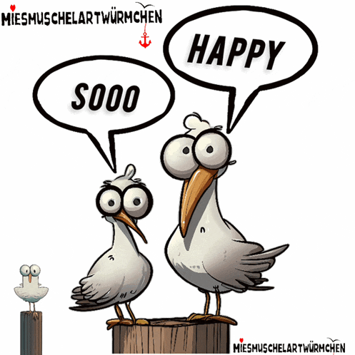 two seagulls are standing next to each other with speech bubbles saying sooo and happy