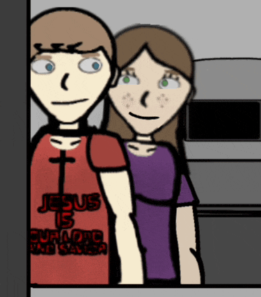 a boy and a girl are standing next to each other and the boy is wearing a shirt that says jesus