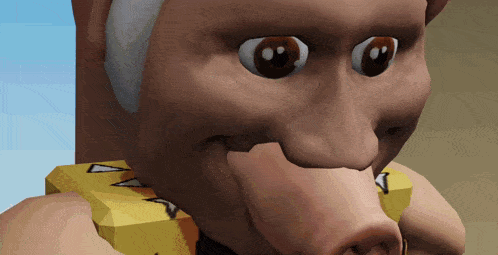 a close up of a cartoon character 's face with a yellow triangle on his chest