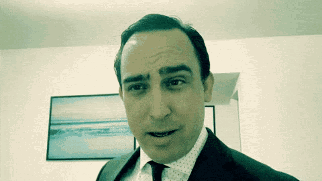 a man in a suit and tie stands in front of a picture