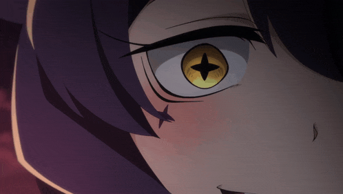 a close up of a person 's eye with a star in it and the words huh written below it