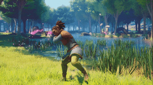 a person in a video game is standing in the grass near a river