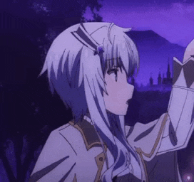 a girl with white hair and a purple background is standing in front of a castle .