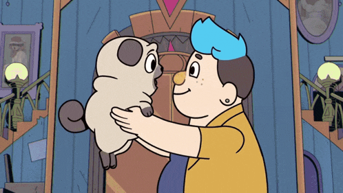 a man with blue hair is holding a pug in his arms