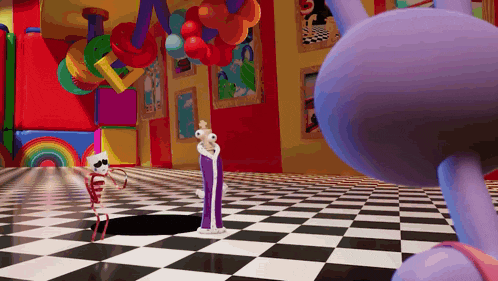a cartoon character is standing on a checkered floor in a room with balloons hanging from the ceiling