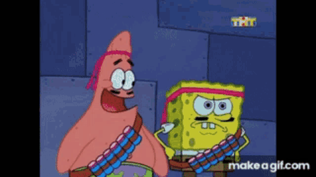 spongebob and patrick are standing next to each other in a spongebob squarepants cartoon