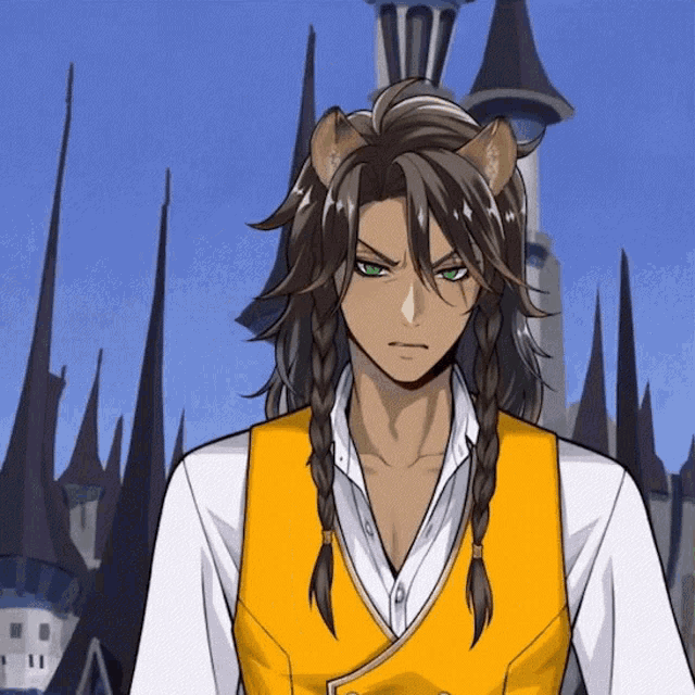a man with a braided hair and a yellow vest stands in front of a castle