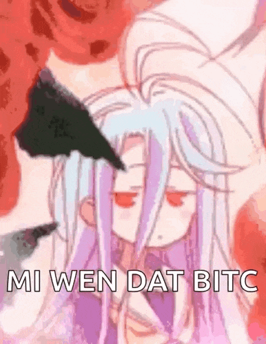 a cartoon of a girl with long white hair and red eyes is laying down with a black object on her head .