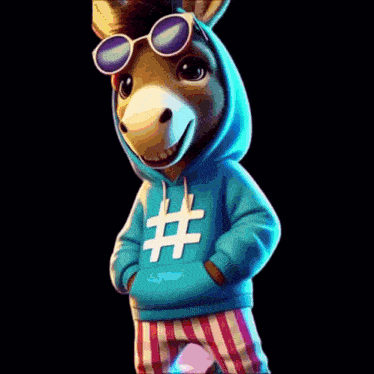a donkey wearing sunglasses and a blue hoodie with the # on it