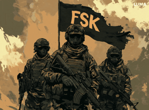 a group of soldiers holding a flag that says fsk on it