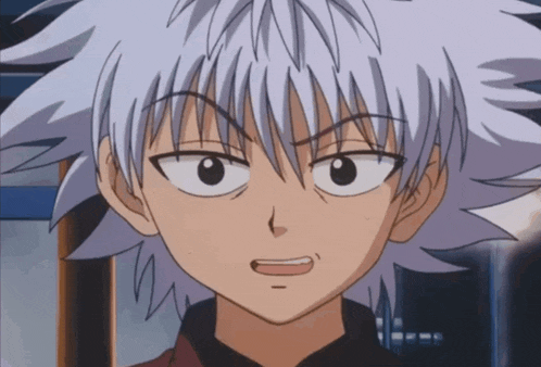 a cartoon character with white hair and black eyes