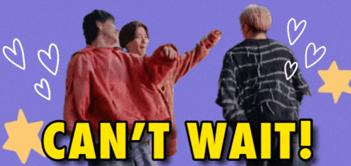 a group of people standing next to each other with the words " can 't wait " above them