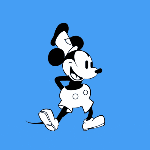 a black and white drawing of mickey mouse with a blue background