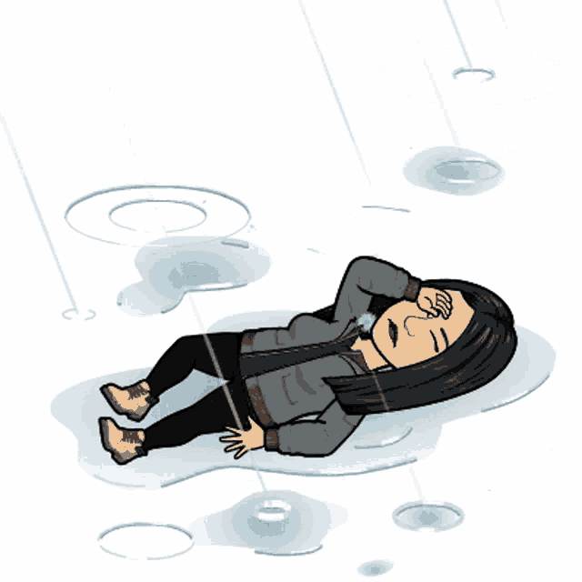 a cartoon of a woman laying on the ground in the rain